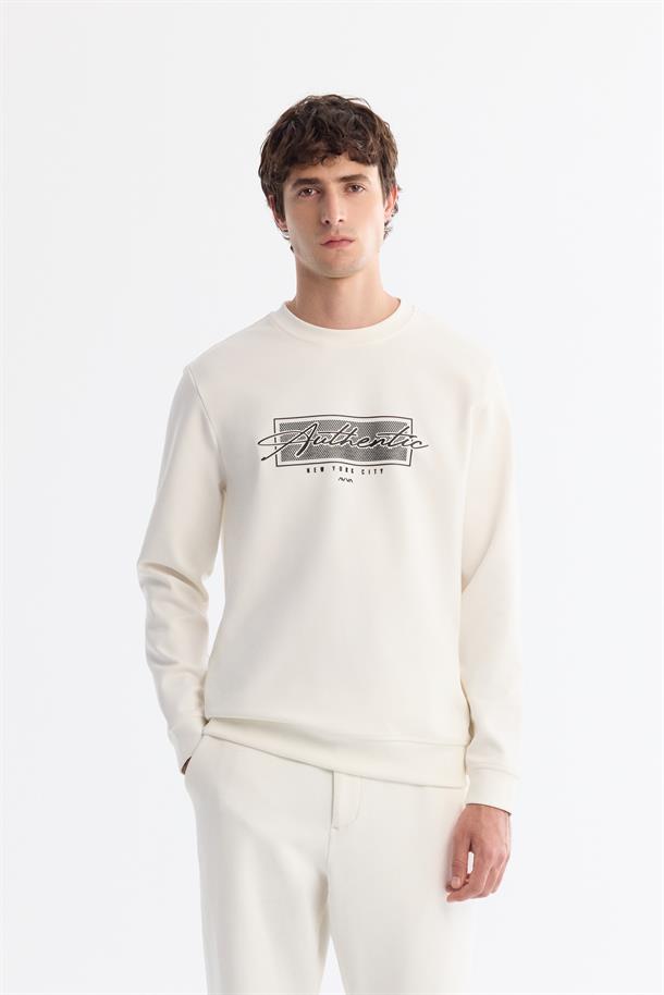 Ekru Bisiklet Yaka Pamuklu Baskılı Sweatshirt