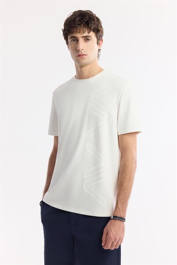 Ekru Bisiklet Yaka Puff Print T-Shirt