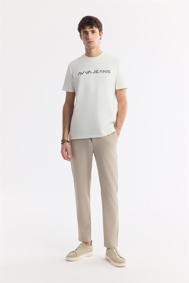 Ekru Bisiklet Yaka Reflektör Baskılı İnterlok T-Shirt