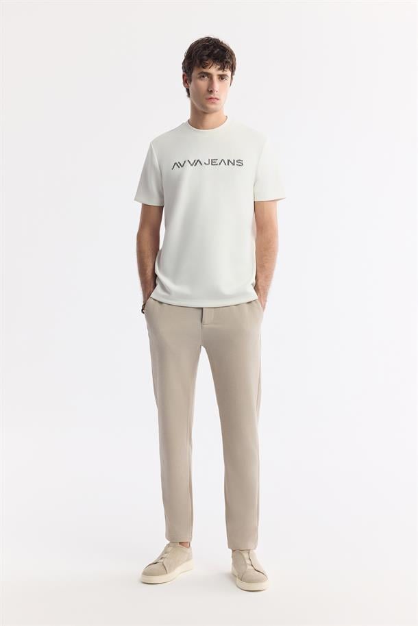 Ekru Bisiklet Yaka Reflektör Baskılı İnterlok T-Shirt