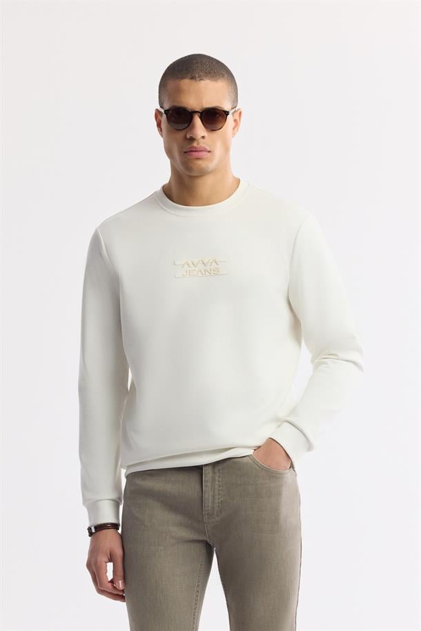 Ekru Bisiklet Yaka Silikon Transfer Baskılı İnterlok Sweatshirt