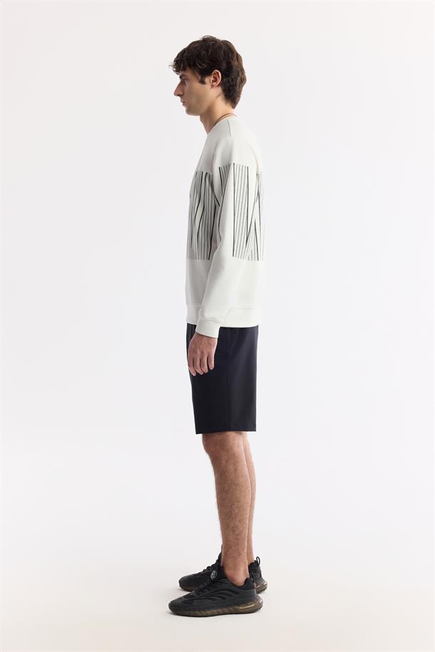 Ekru Bisiklet Yaka Silikon Transfer Baskılı İnterlok Sweatshirt