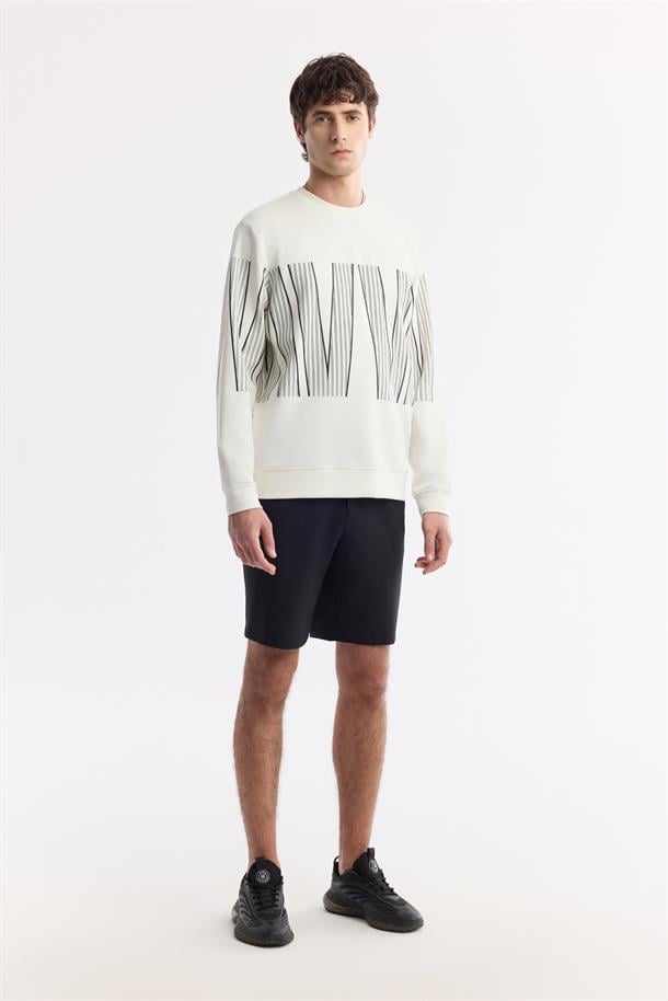 Ekru Bisiklet Yaka Silikon Transfer Baskılı İnterlok Sweatshirt