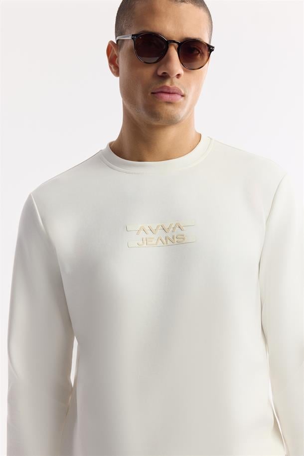 Ekru Bisiklet Yaka Silikon Transfer Baskılı İnterlok Sweatshirt