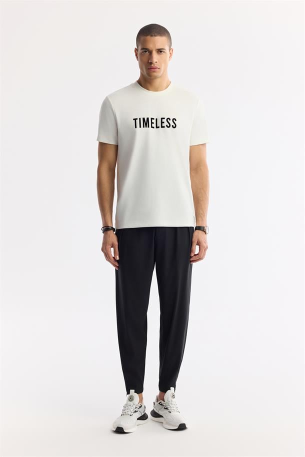 Ekru Bisiklet Yaka Slogan Baskılı İnterlok T-Shirt