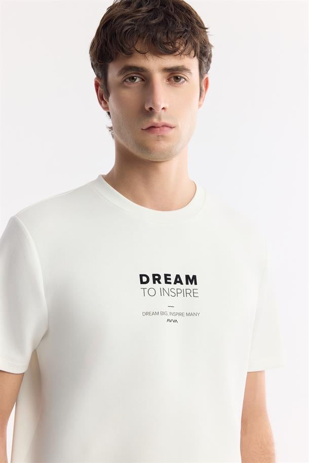 Ekru Bisiklet Yaka Slogan Baskılı İnterlok T-Shirt