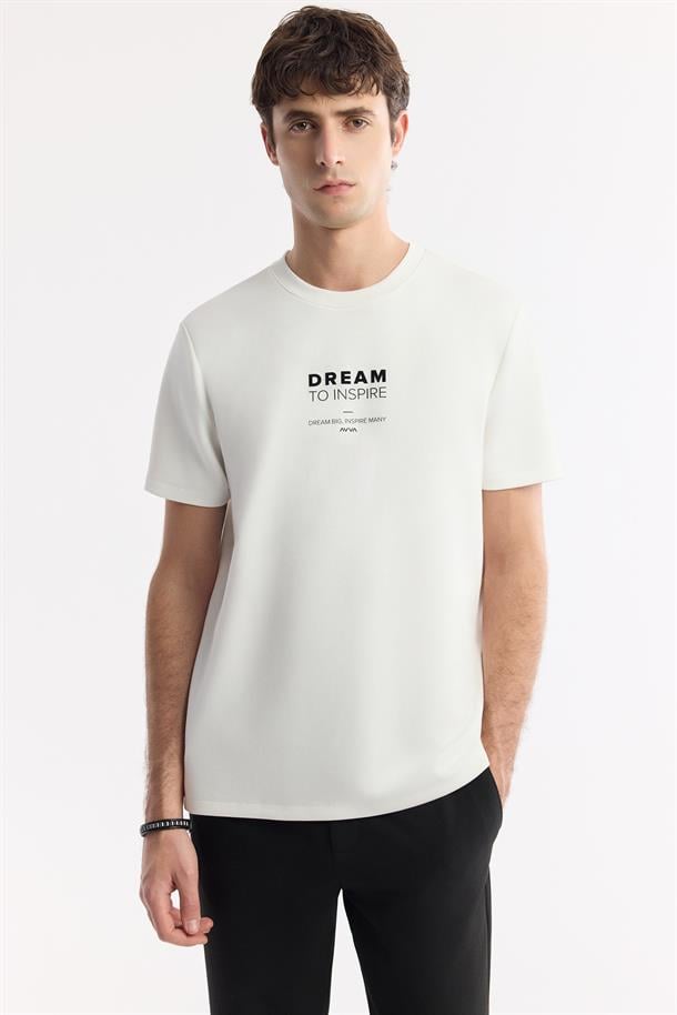 Ekru Bisiklet Yaka Slogan Baskılı İnterlok T-Shirt