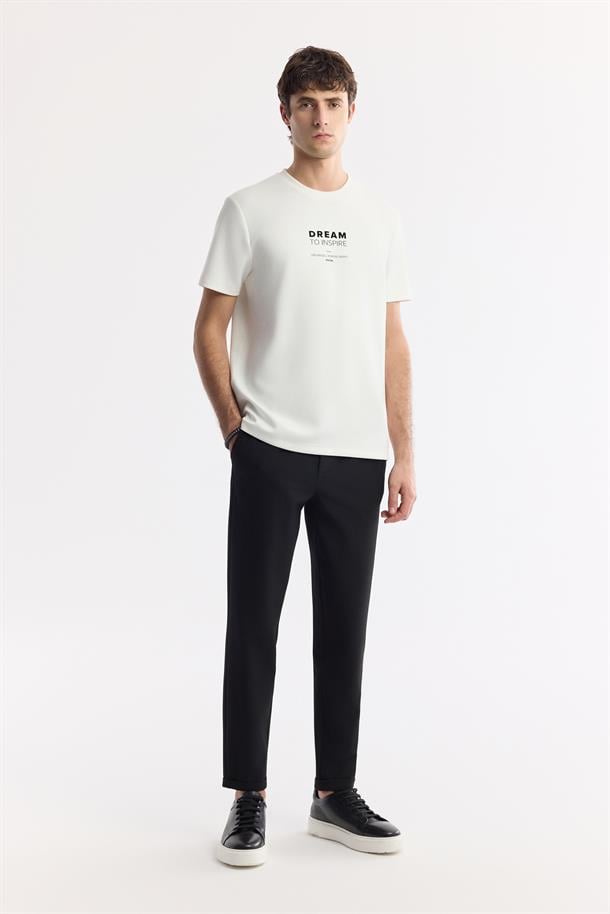 Ekru Bisiklet Yaka Slogan Baskılı İnterlok T-Shirt