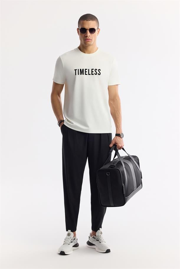 Ekru Bisiklet Yaka Slogan Baskılı İnterlok T-Shirt
