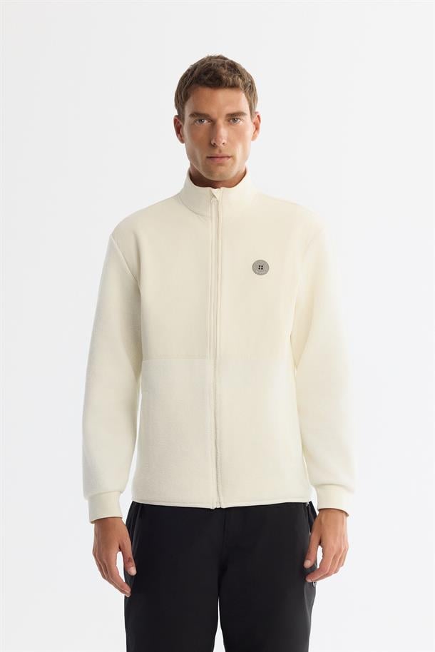 Ekru Dik Yaka Baskılı Fermuarlı Sweatshirt