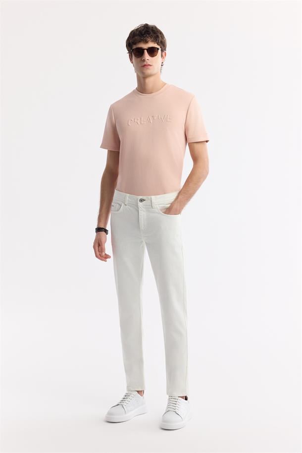 Ekru Düz Yıkamalı Slikonlu Slim Fit Denim Pantolon