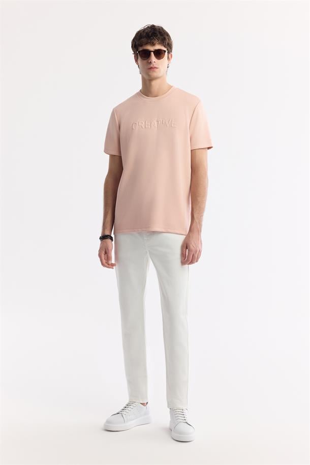 Ekru Düz Yıkamalı Slikonlu Slim Fit Denim Pantolon