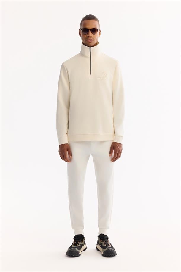 Ekru Fermuarlı Baskılı Soft Touch Sweatshirt