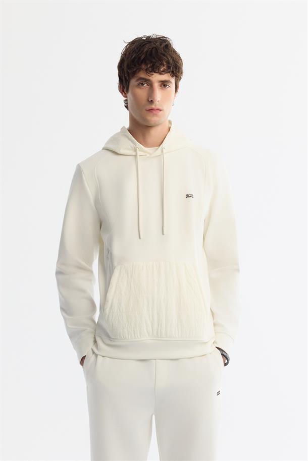 Ekru Kapüşonlu Baskılı Elastan Sweatshirt