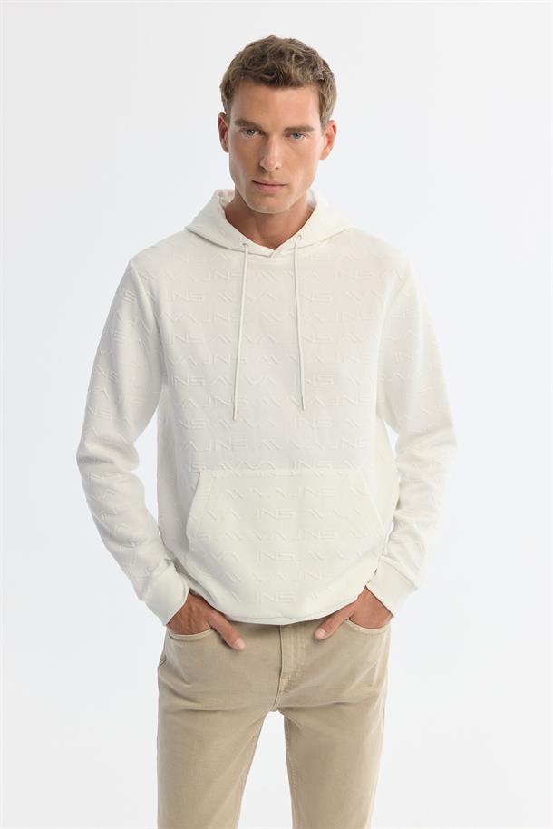 Ekru Kapüşonlu Baskılı Sweatshirt