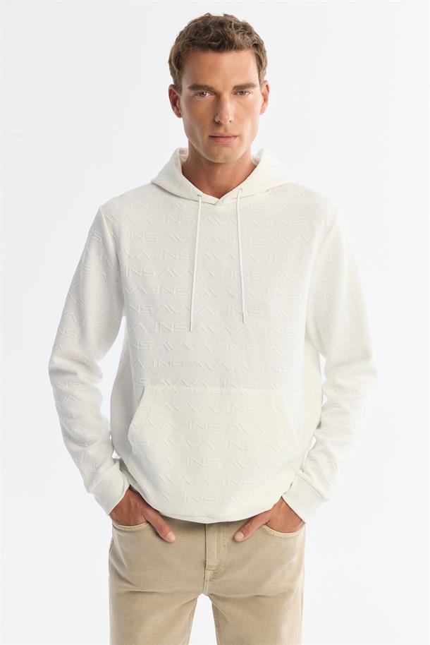 Ekru Kapüşonlu Baskılı Sweatshirt