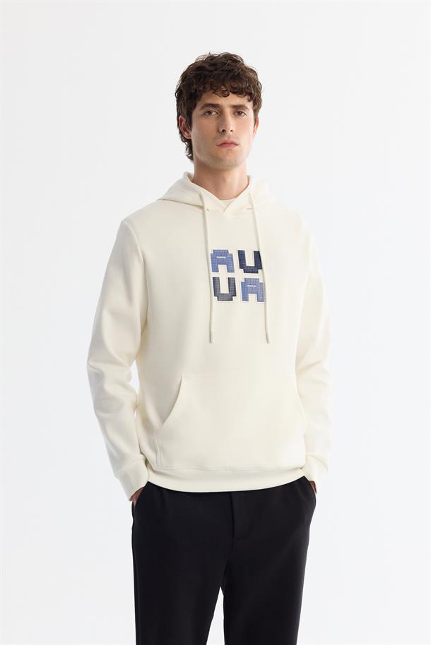 Ekru Kapüşonlu Pamuklu Baskılı Elastan Sweatshirt