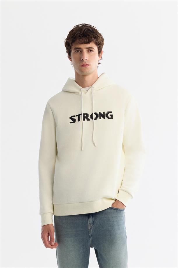 Ekru Kapüşonlu Pamuklu Baskılı Elastan Sweatshirt