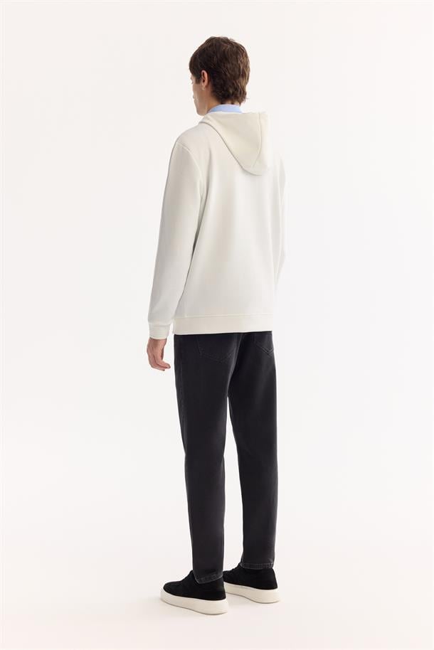 Ekru Kapüşonlu Yaka Kanguru Cepli   İnterlok Sweatshirt