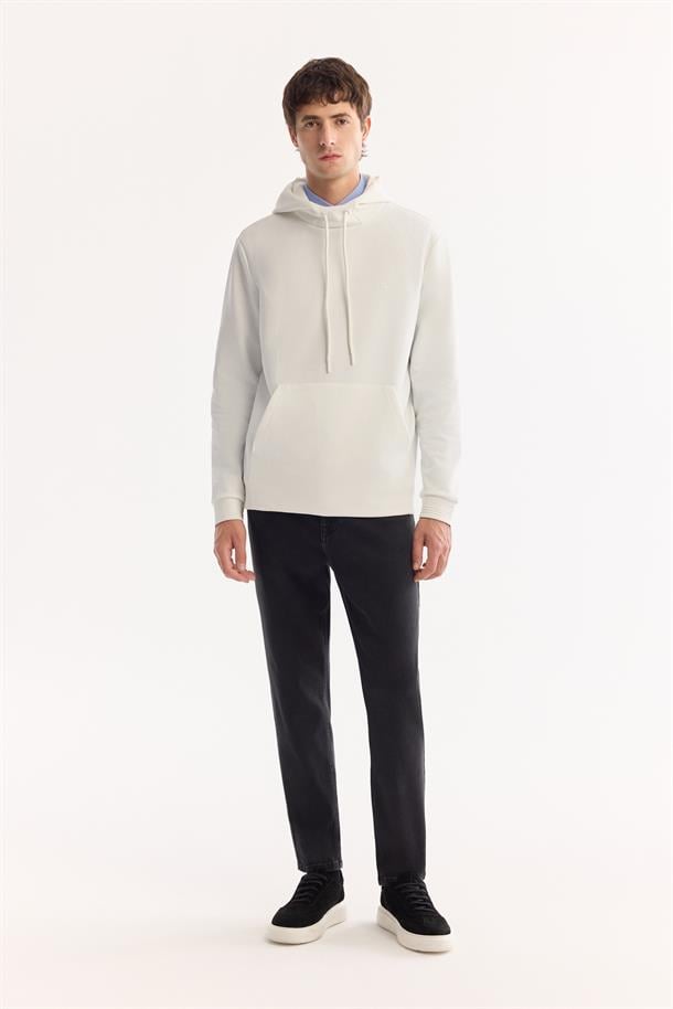 Ekru Kapüşonlu Yaka Kanguru Cepli   İnterlok Sweatshirt