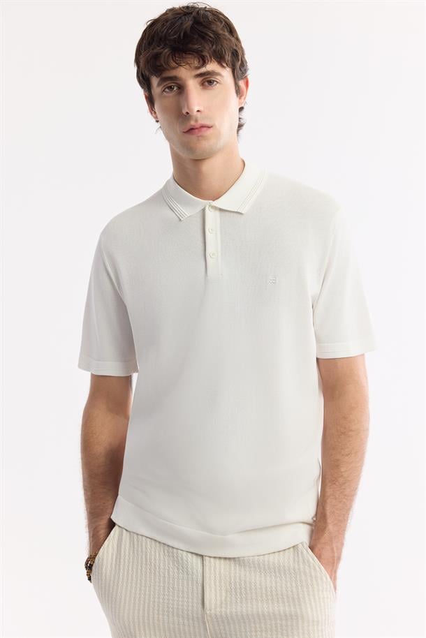Ekru Polo Yaka Basic Rayon Triko T-shirt