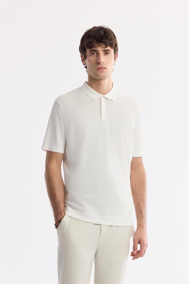 Ekru Polo Yaka Basic Rayon Triko T-shirt