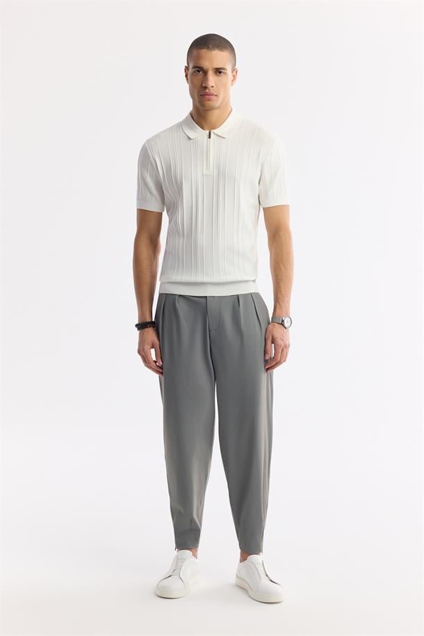 Ekru Polo Yaka Fermuarlı Fitil Örgü Detaylı Rayon Triko T-shirt
