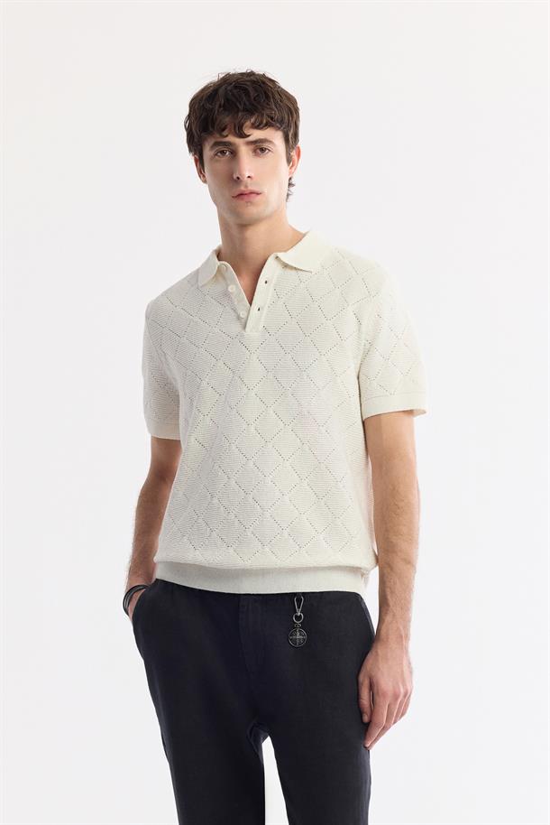 Ekru Polo Yaka Jakarlı Buklet İplik Triko T-shirt