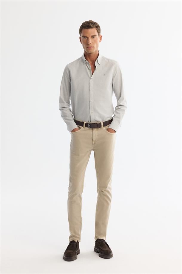 Gri Alttan Britli Yaka Mini Kazayagı Flanel Slim Fit Uzun Kol Gömlek