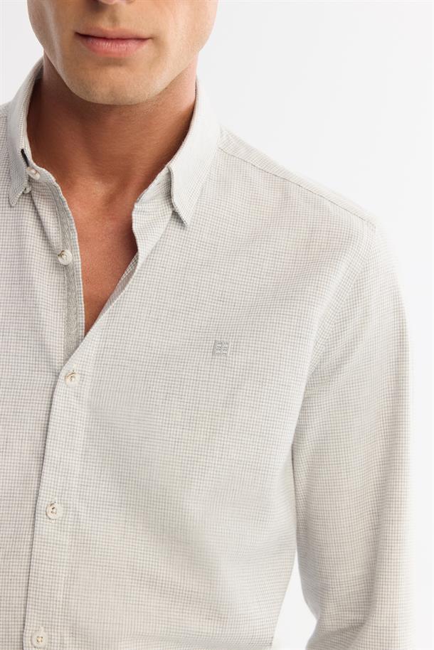 Gri Alttan Britli Yaka Mini Kazayagı Flanel Slim Fit Uzun Kol Gömlek