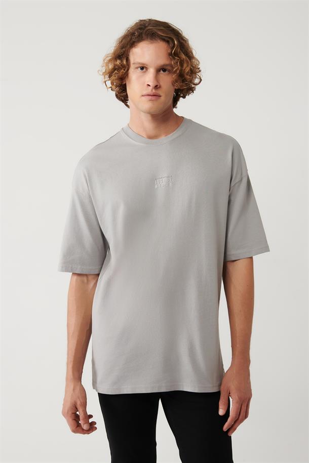 Gri Baskılı Bisiklet Yaka Oversize T-shirt