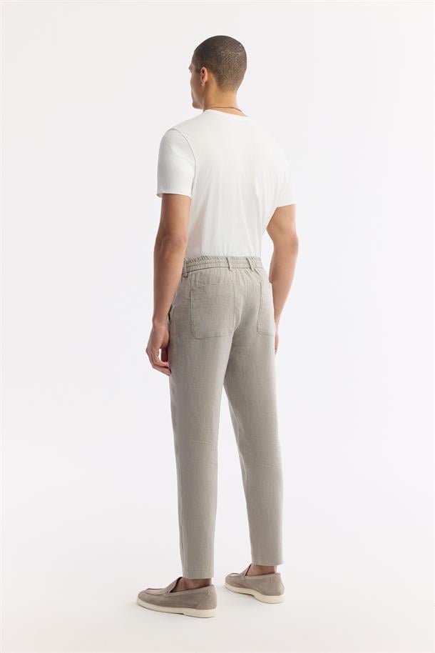 Gri Beli Lastikli %100 Keten Pantolon