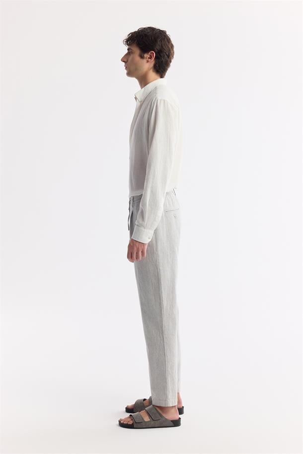 Gri Beli Lastikli Bağcıklı Ketenli Pamuk Dokulu Korikos Relaxed Fit Chino Pantolon