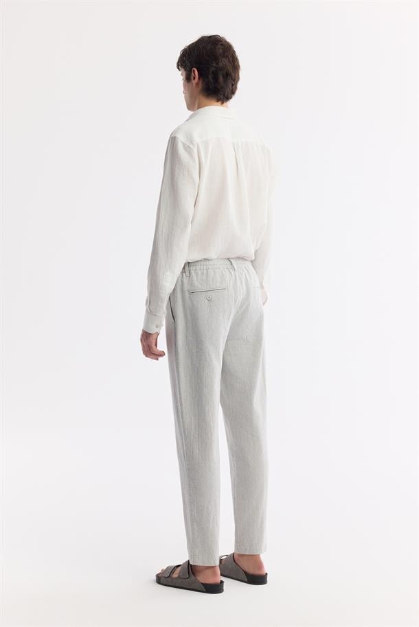 Gri Beli Lastikli Bağcıklı Ketenli Pamuk Dokulu Korikos Relaxed Fit Chino Pantolon