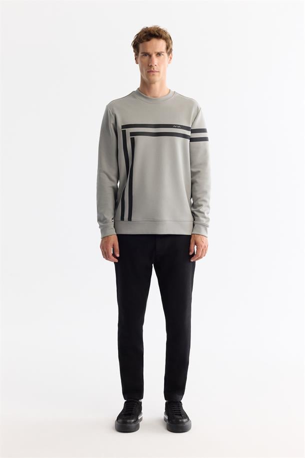 Gri Bisiklet Yaka Baskılı Sweatshirt