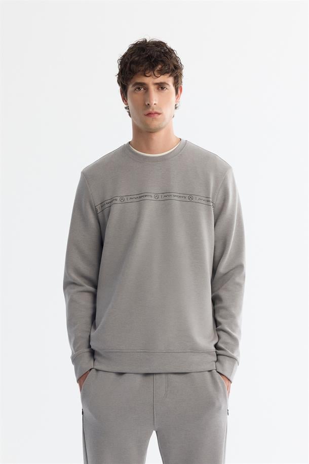 Gri Bisiklet Yaka Baskılı Sweatshirt