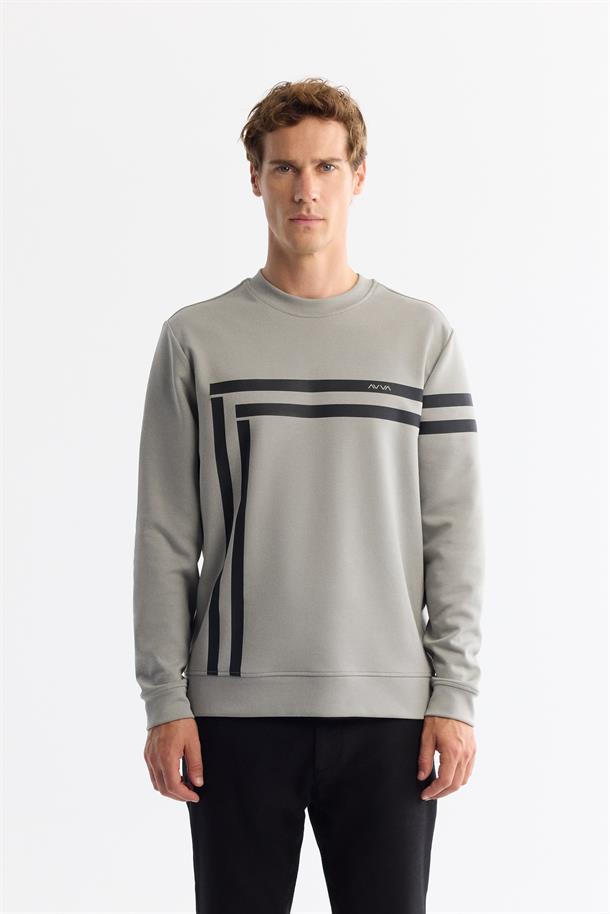 Gri Bisiklet Yaka Baskılı Sweatshirt
