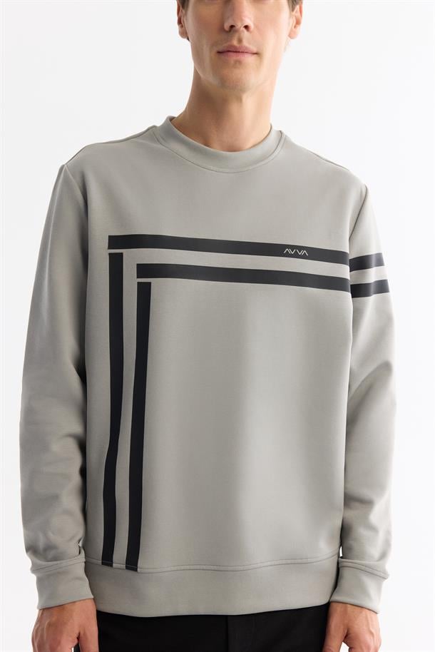Gri Bisiklet Yaka Baskılı Sweatshirt