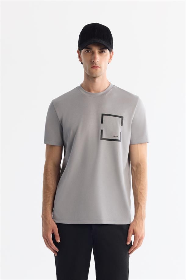 Gri Bisiklet Yaka Baskılı T-Shirt