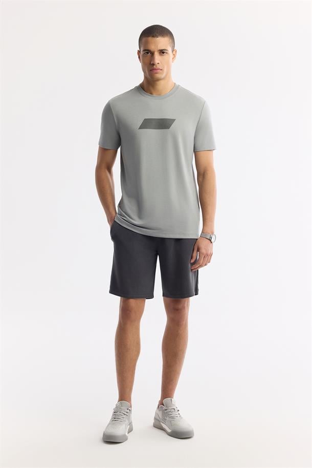 Gri Bisiklet Yaka Hareketli Hologram Baskılı Shoft Touch T-Shirt