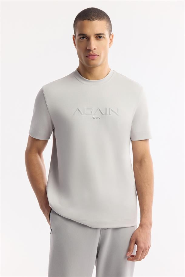 Gri Bisiklet Yaka Hologram Baskılı İnterlok T-Shirt