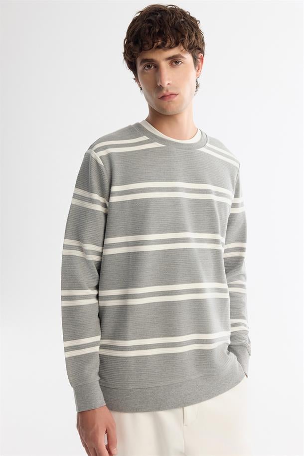 Gri Bisiklet Yaka Jakarlı Sweatshirt
