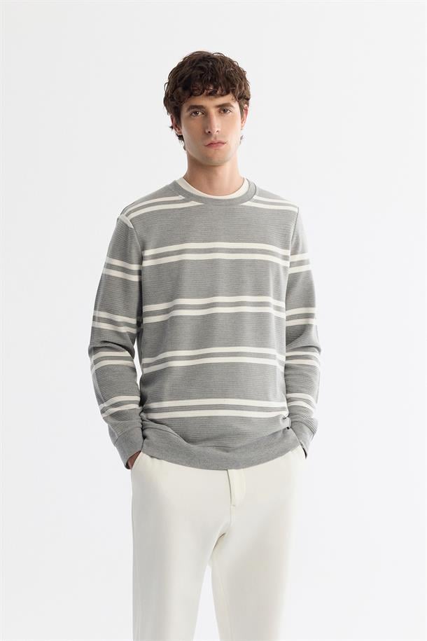 Gri Bisiklet Yaka Jakarlı Sweatshirt
