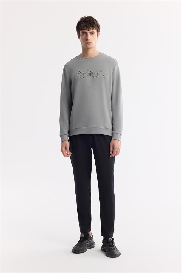 Gri Bisiklet Yaka Önü Gofre Baskılı Soft Touch Sweatshirt