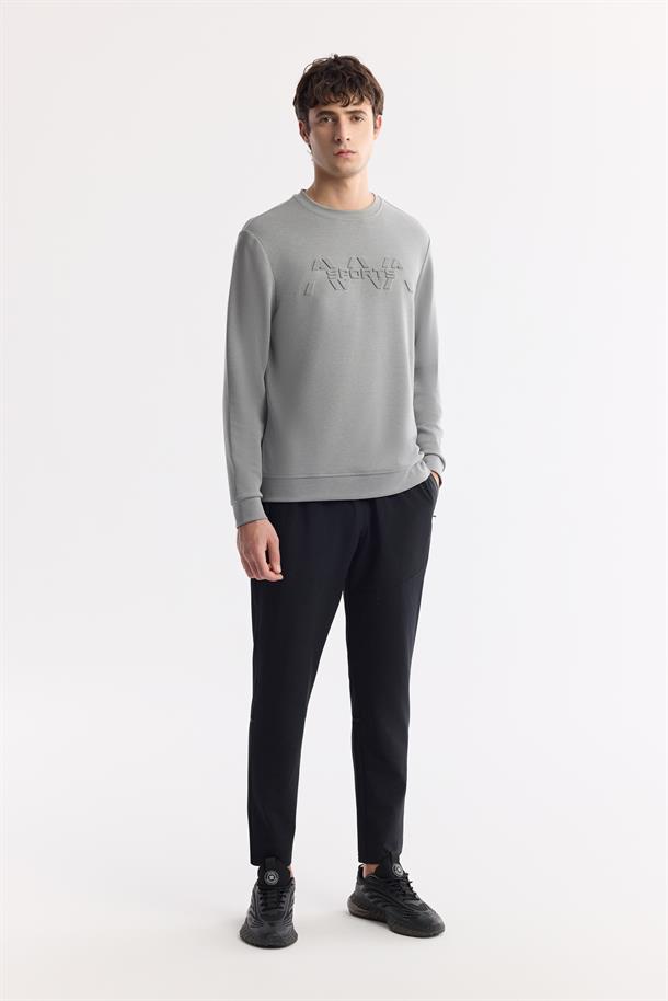 Gri Bisiklet Yaka Önü Gofre Baskılı Soft Touch Sweatshirt
