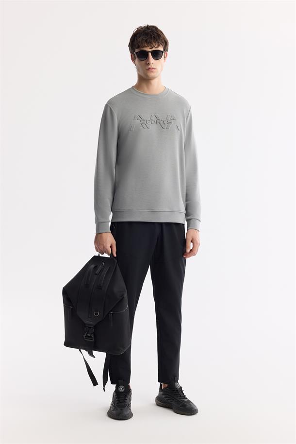 Gri Bisiklet Yaka Önü Gofre Baskılı Soft Touch Sweatshirt