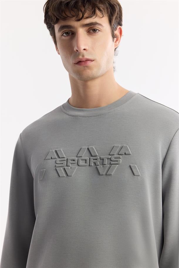 Gri Bisiklet Yaka Önü Gofre Baskılı Soft Touch Sweatshirt