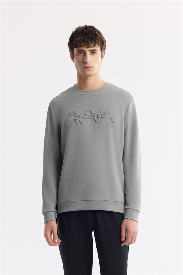 Gri Bisiklet Yaka Önü Gofre Baskılı Soft Touch Sweatshirt