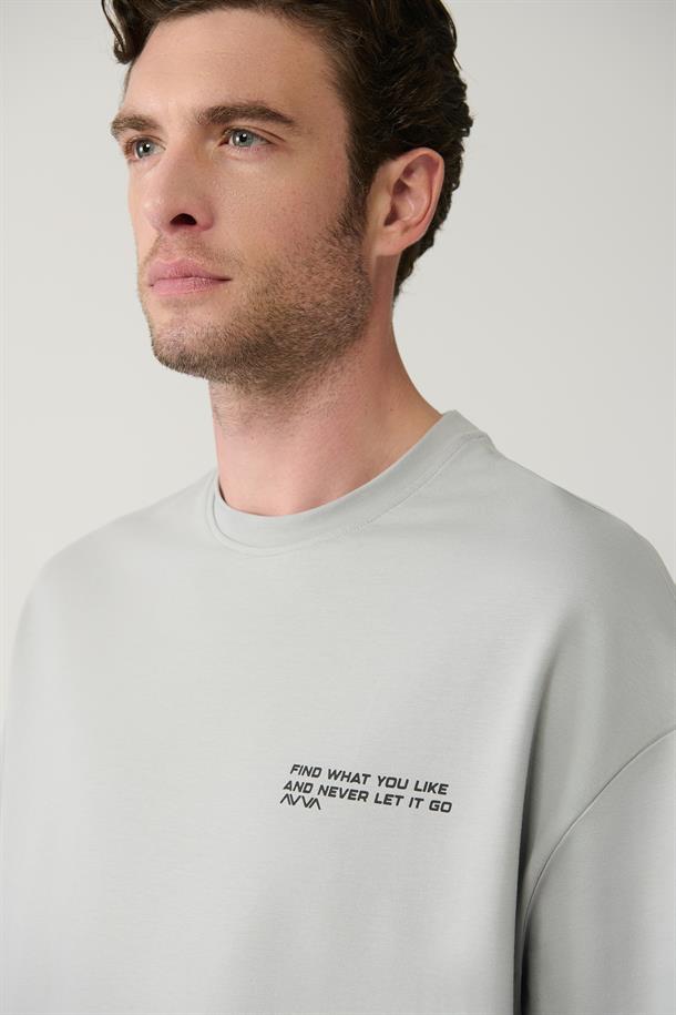 Gri Bisiklet Yaka Oversize Baskılı T-shirt, Örme Regular Şort 2 iplik Takım