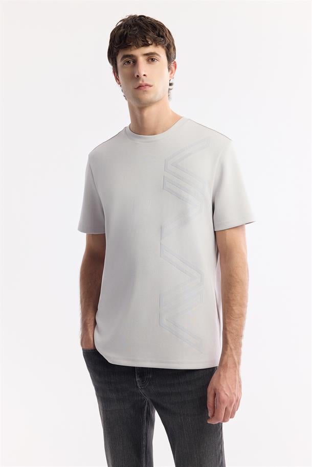 Gri Bisiklet Yaka Puff Print T-Shirt